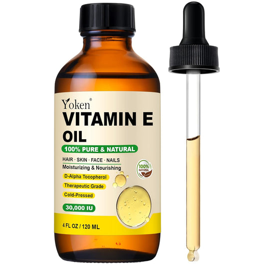 Yoken Vitamin E Oil 4 Fl Oz Organic Vitamin E oil for Skin 30,000 IU Vitamine oils for Scars Hair, Face, Nail, Scalp Perfect Bath and Body Oil, Cold Pressed Hexane Free Non-GMO Gluten Free Formula