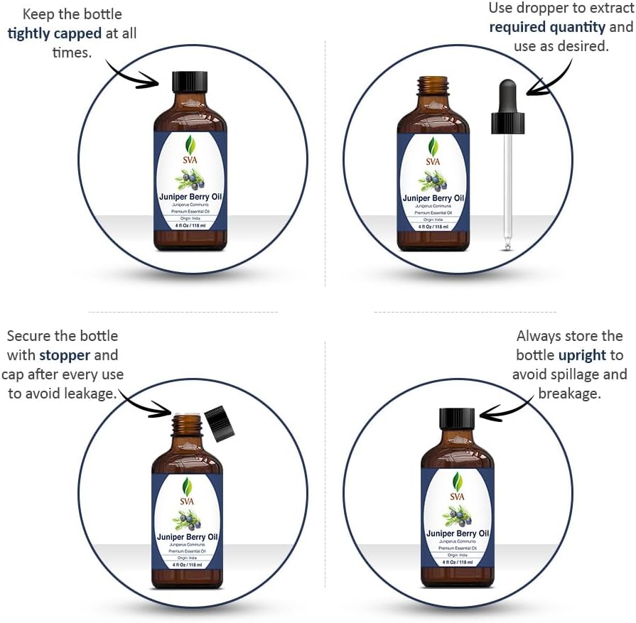 SVA Juniper Berry Essential Oil – 4 Fl Oz – 100% Natural Juniper Oil - for Diffuser, Hair Care, Face, Skin Care, Aromatherapy, Scalp and Body Massage, Soap and Candle Making – with Dropper