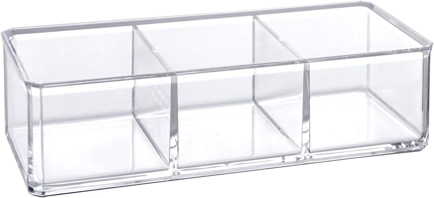 Amazing Abby - Glamour - Acrylic 3-Compartment Makeup Organizer, Transparent Plastic Lipstick Holder, Perfect Bathroom Vanity Storage Solution for Lipsticks, Nail Polishes, and More