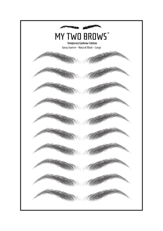(10 pairs) Natural Black Temporary Eyebrow Tattoo - Large Size - Waterproof & Smudgeproof - Sassy Swerve Style Eyebrow Stickers - Sheet Lasts up to 30 Days - Won't Work on Existing Brows