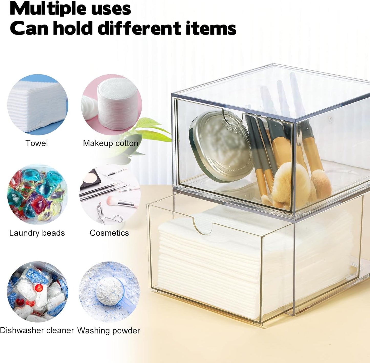 Rainmae 2 Pack Disposable Face Towel Holder, Face Towel Storage Box, Stackable Clear Makeup Organizer with Drawer for Clean Skin Club Face XL Towels Holder for Vanity Bathroom and Makeup Organization