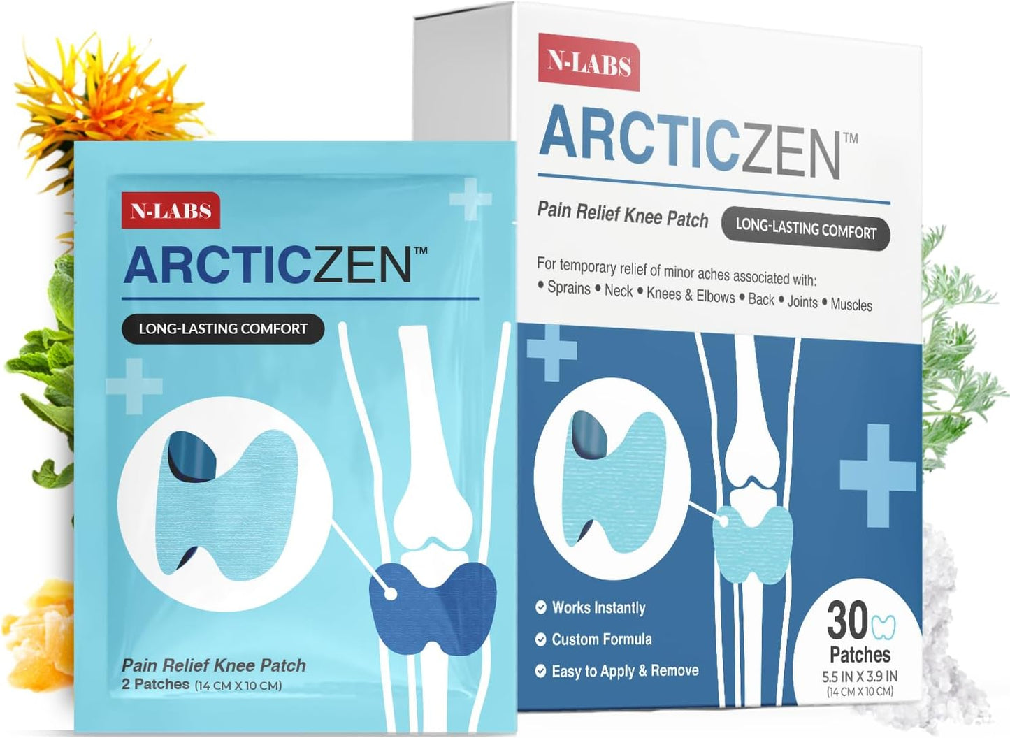 N-Labs ArcticZen Knee Pain Relief Patch for Adults – Extra Strength Knee Patches with Menthol, Camphor & Wormwood – Pain Patches for Knees, Joint Support, Bone on Bone Relief – 30 Ct