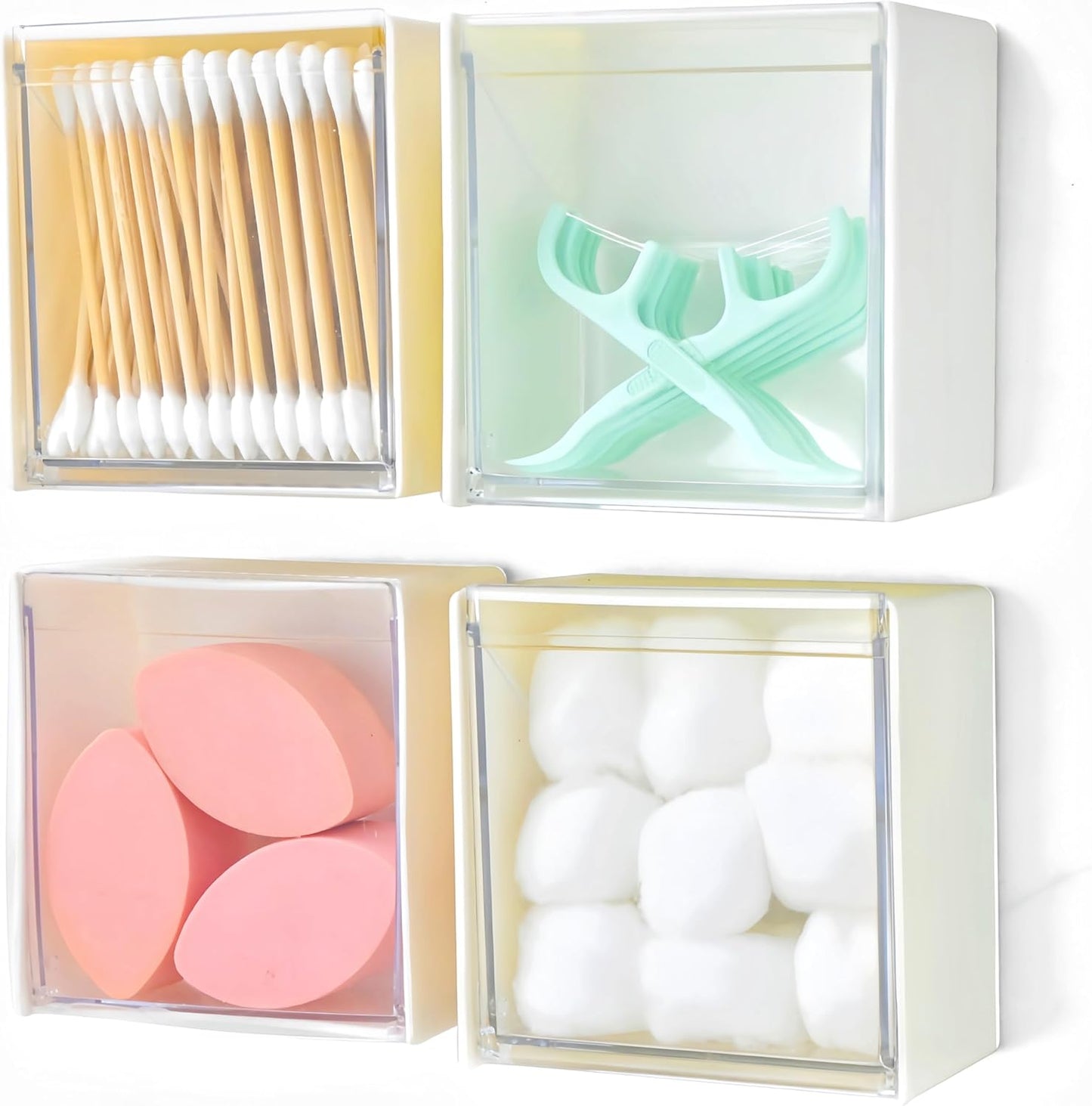 Qtip Holder Wall Mount for Cotton Swabs, Balls, Pads, Hair Ties,Floss Picks- Small Plastic Bathroom Wall Organizers and Storage Set,Bedside Shelf,Home Decor,Dorm Room Essentials (4)