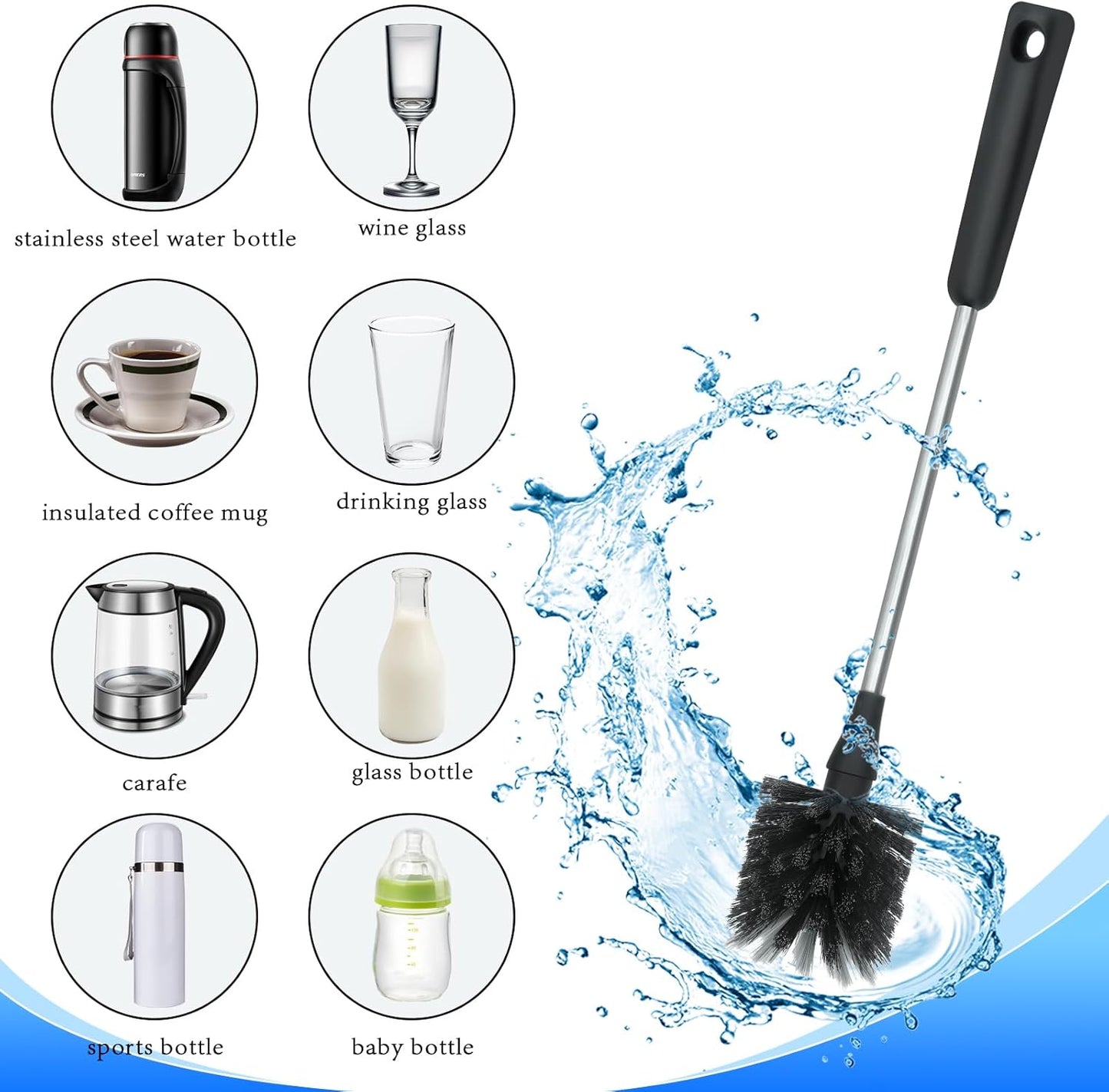 Water Bottle Brush Long Handle Bottle Cleaner Scrubbing Brush for Cleaning Sports Bottles, Baby Bottles, Cups, Coffee Mugs, Glasswares, Wine Decanters, Flask, Vase, and Kitchen Sink