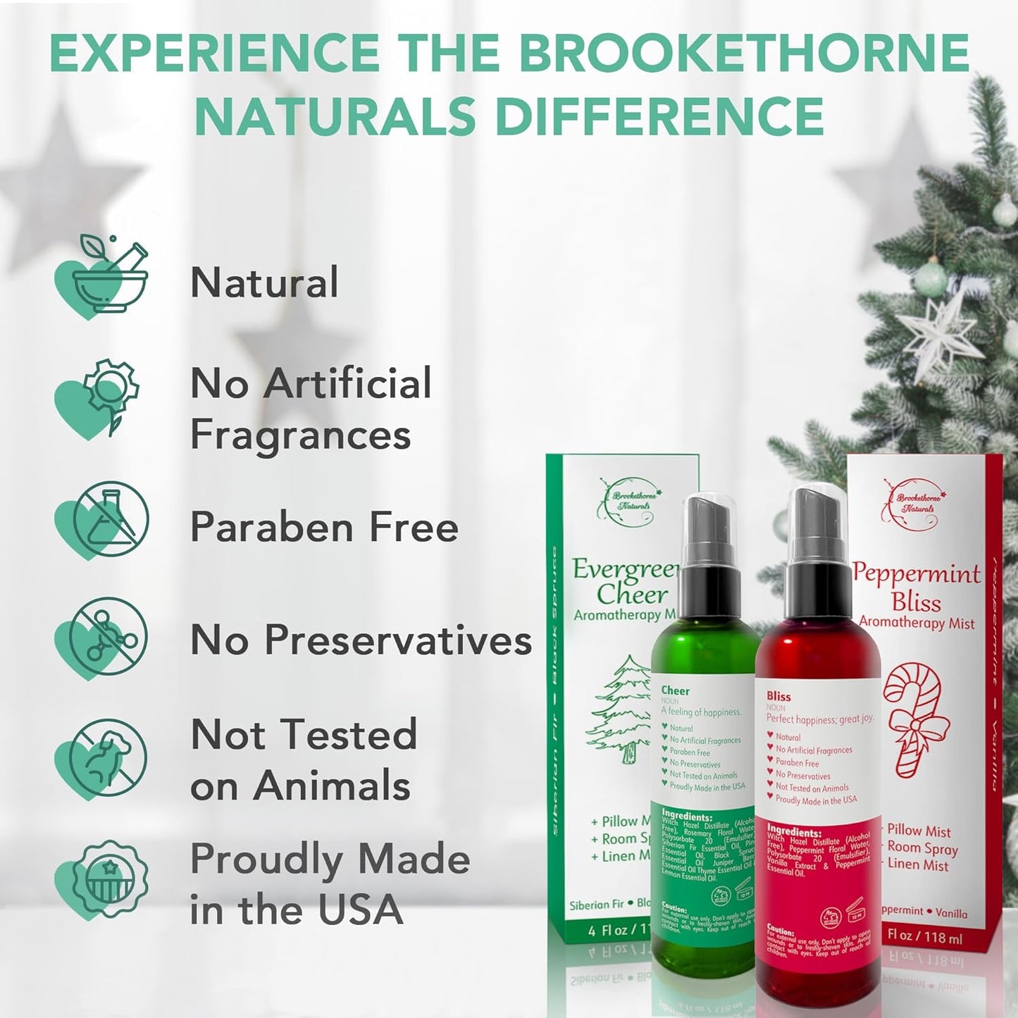 Holiday Aromatherapy Mist 2-Pack – Evergreen Cheer & Peppermint Bliss | Natural Air Freshener & Linen Mist | Perfect Christmas Room Spray & Stocking Stuffer