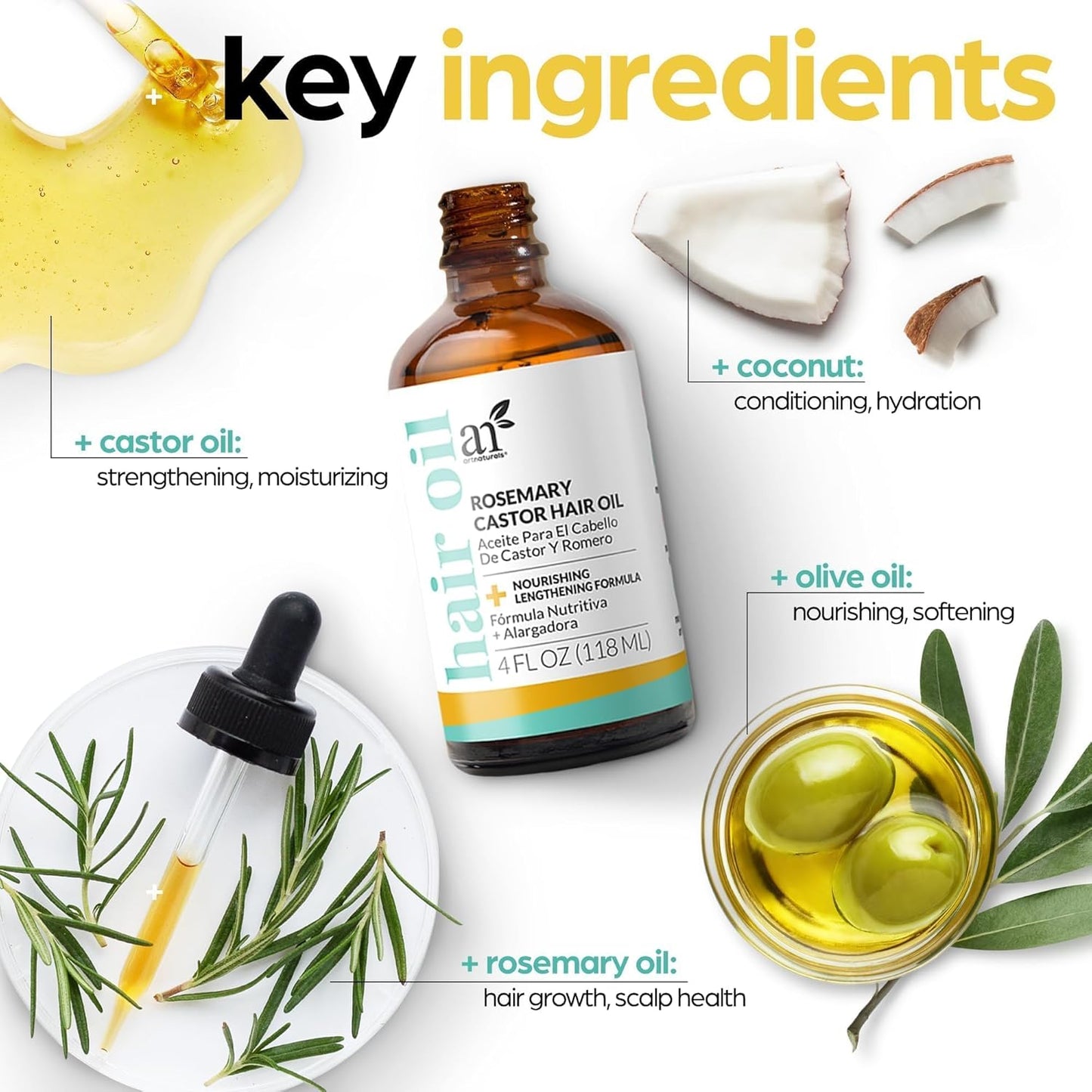 ArtNaturals Organic Rosemary & Castor Hair Growth Oil + Scalp Massager Set – Hair Styling Oils for Dry, Itchy Scalp, Thickening & Hydration - Scalp Oil Products For Damaged Hair & Split Ends – 4.0 oz